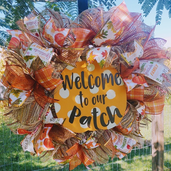 New Hand Crafted Fall Thanksgiving Deco Mesh Ribbon Welcome To Our Patch Wreath - Picture 2 of 8
